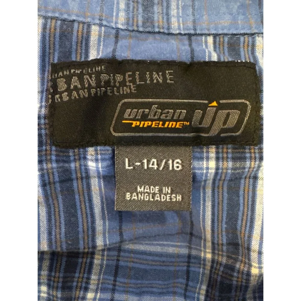 Urban Pipeline Boys Blue Plaid Button-Down Shirt L 14/16 Long‎ Sleeve Casual